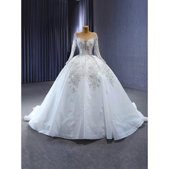 Long Sleeve Wedding Gown Crystal Bead Scoop Neck Lace Appliques Embroidery Wedding Dress 